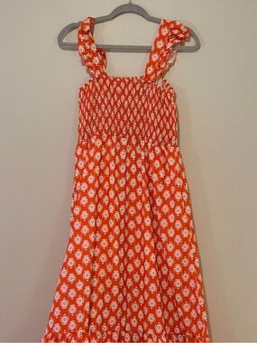 Orange & White Smocked Maxi Dress with Ruffle Straps